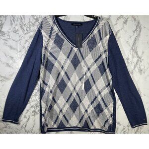 Tommy Hilfiger Womens Argyle V Neck Long Sleeve Sweater XL Blue & White Plaid
